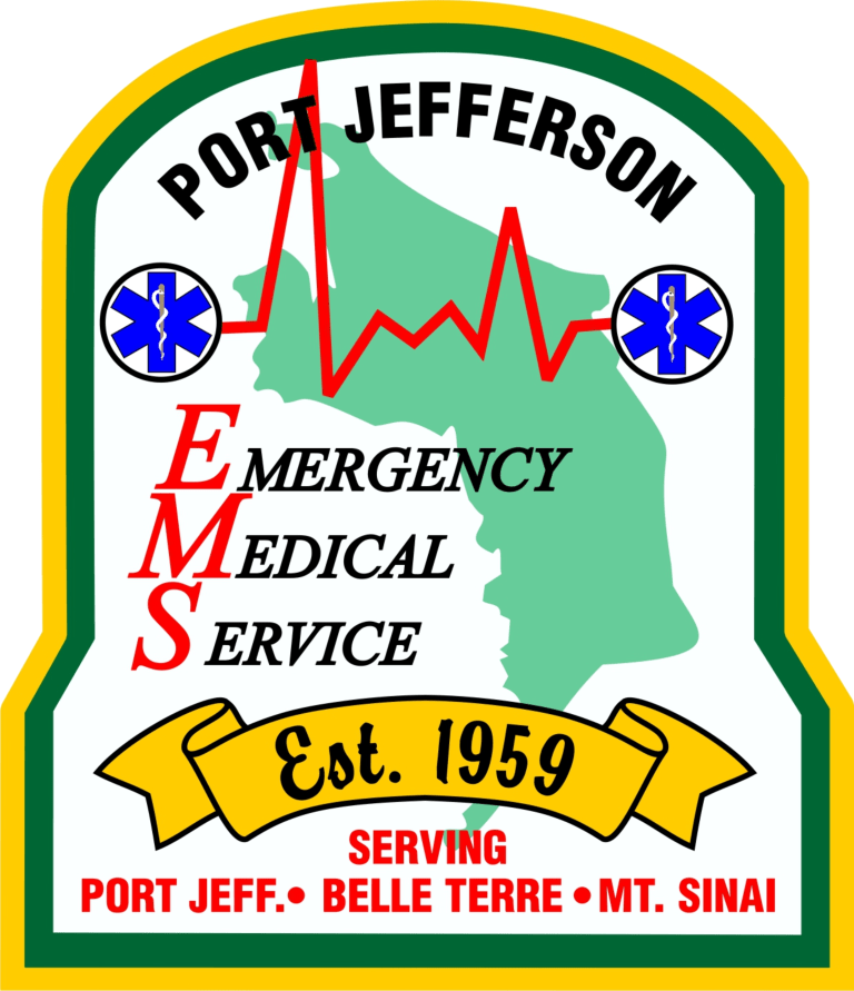 A badge-shaped logo for Port Jefferson Emergency Medical Service, featuring a map outline with a red ECG line and two blue medical symbols. Text reads "Emergency Medical Service Est. 1959 Serving Port Jeff, Belle Terre, Mt. Sinai.