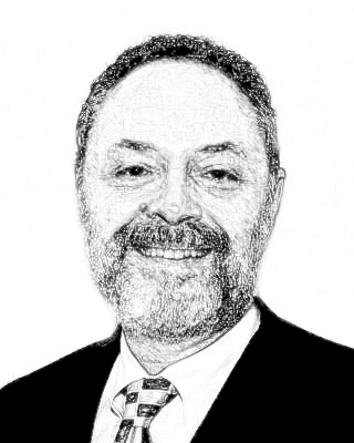 A black and white sketch of a smiling man with a beard, wearing a suit and a patterned tie.