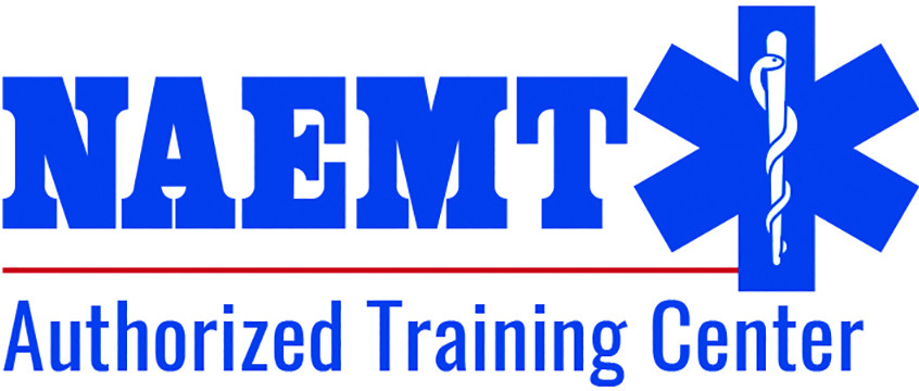 Logo with "NAEMT Authorized Training Center" text in blue. The "T" is extended with a rod and serpent medical symbol on a blue star-of-life emblem.