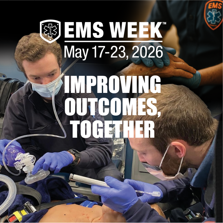 Two EMS professionals wearing gloves and masks intubate a patient in a medical setting. Text reads "EMS WEEK May 17-23, 2026 Improving Outcomes, Together." A background image shows hands being held in support.