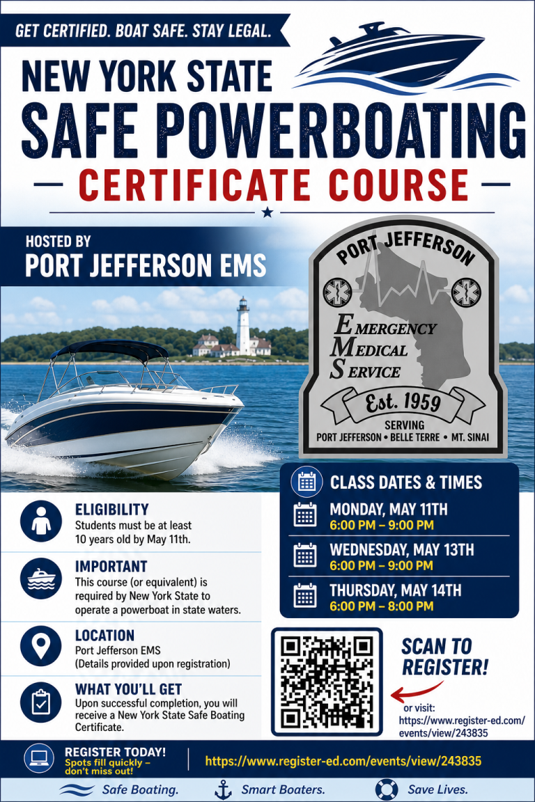 Flyer for the New York State Safe Powerboating Certificate Course, hosted by Port Jefferson EMS. Includes course details, dates, location, eligibility, what students will get, and a QR code to register.